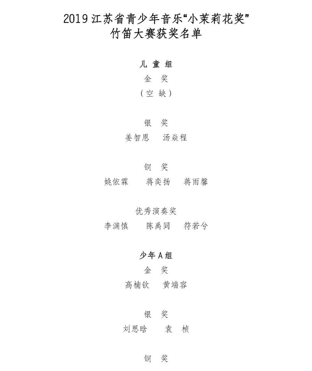 2019江苏省青少年音乐“小茉莉花奖”竹笛大赛